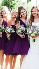 2017 Cheap Elegant Bridesmaid Dress A-line Purple V-neck Chiffon New Arrival Mini Short Bridesmaid Dresses