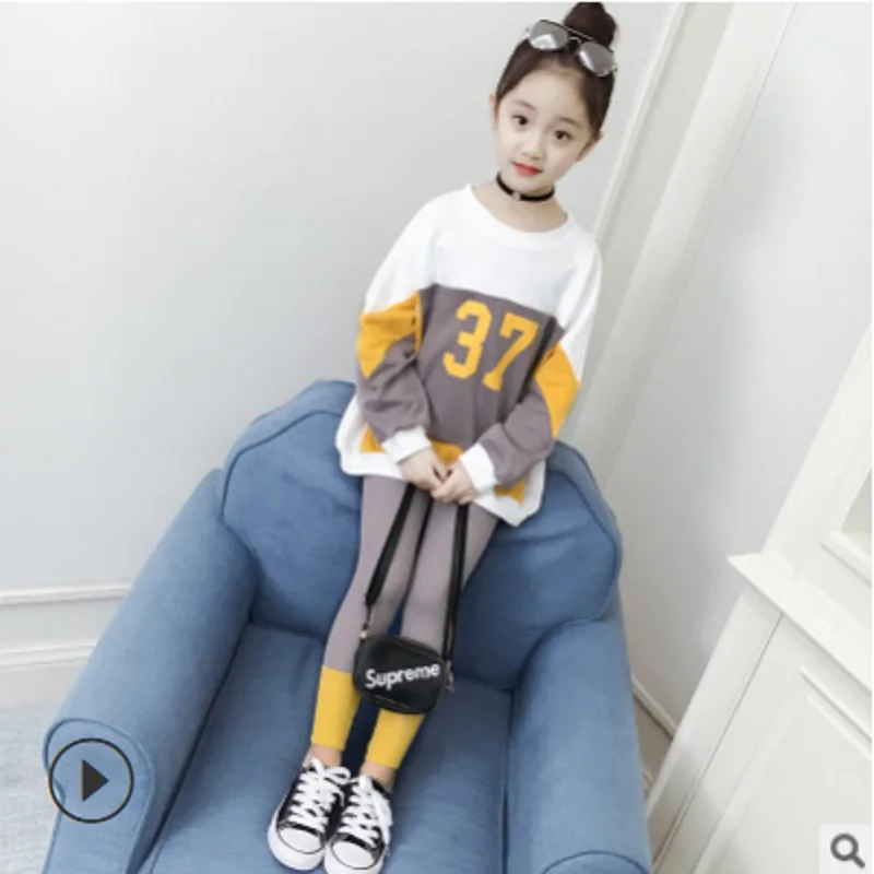 

Kids Clothes Sets Spring and Autumn 2019 New Girls Hoody Leggings Clothing Set Children Patchowrk Suits 2 Piece Size4-14 ly088
