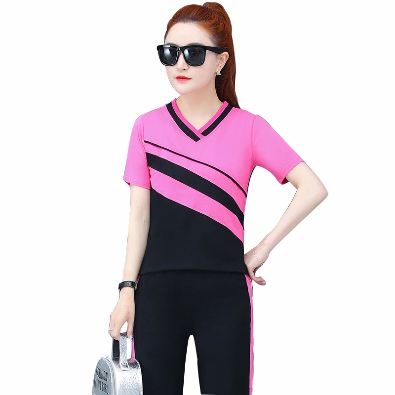 Rlyaeiz Korean 2019 Summer Fashion 2 Piece Set Women Tracksuit Casual Striped Color Patchwork T shirt + Pants Sporting Wear 4XL | Женская