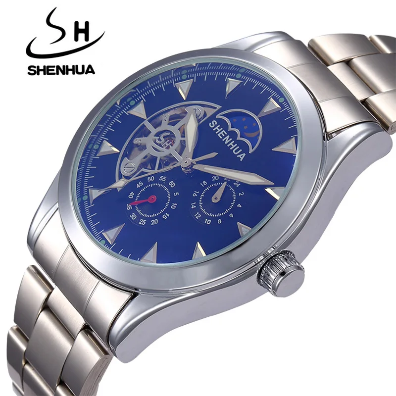 

SHENHUA Famous Brand Watches Men Male Waterproof Clock Tourbillon Automatic Mechanical Skeleton Watch Moon Phase Watch Men