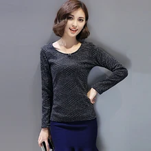 New 2016 Autumn O-neck bronzing wave blouse, women Fashion Elegant shirt thickening warm velvet Female tops Plus Size S-3XL