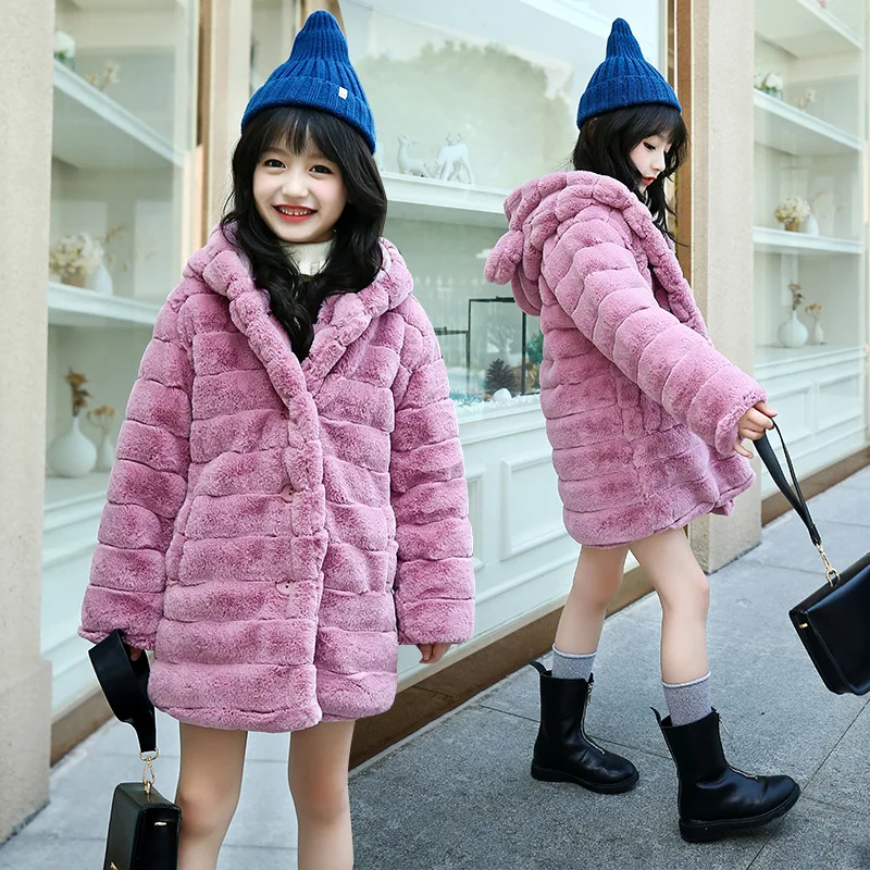 Girls Faux Fur Coat with Ears Fashion Winter Warm Jacket for Girls Beautiful Purple Children Jacket Kid Thick Plus Velvet Coat best coats for winter