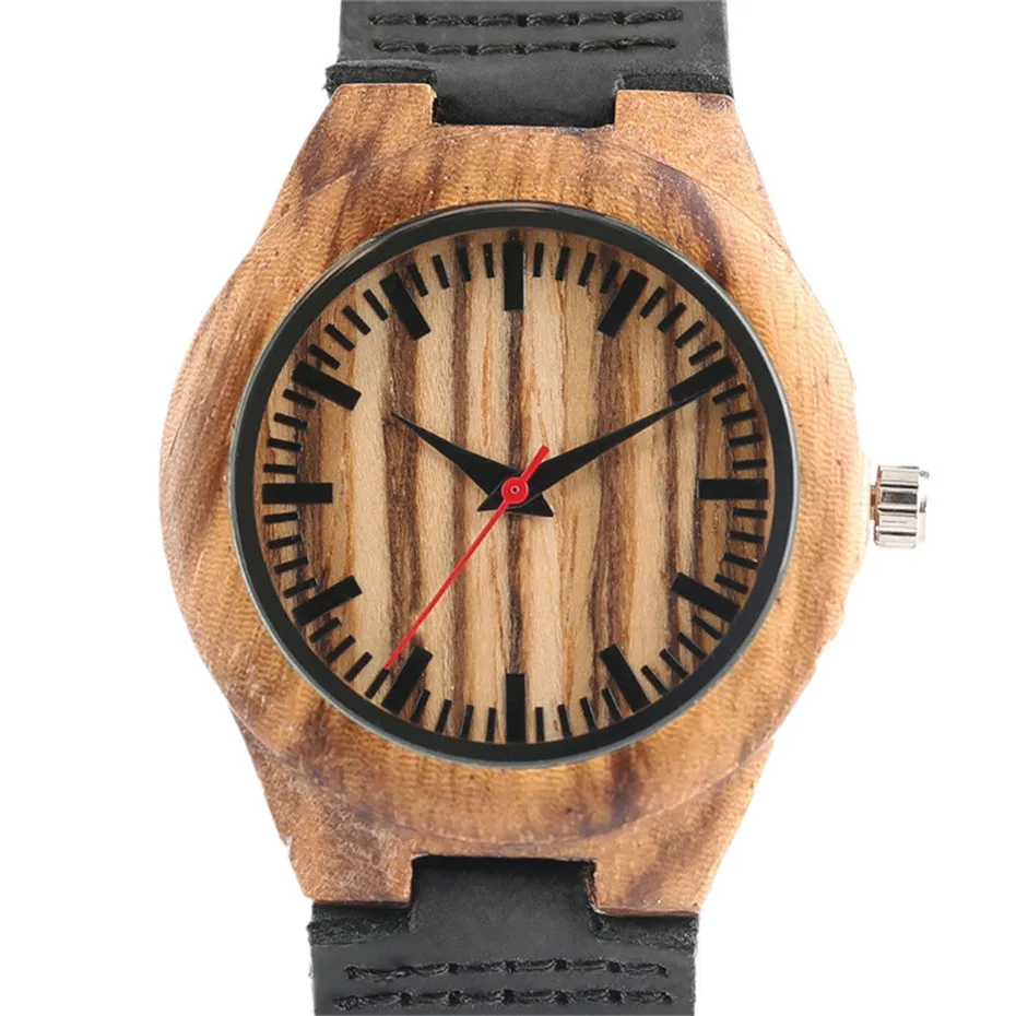 Natural Fashion Stripe Zebra Handmade Wood Bamboo Wooden Watches Women Round Dial Leather Band Analog Quartz Wristwatch (2)
