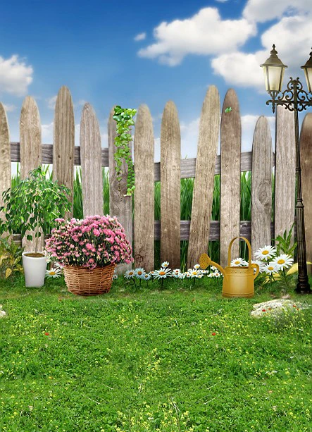 200CM*150CM Backgrounds Nature Blue sky flower Green Grass Wooden fence