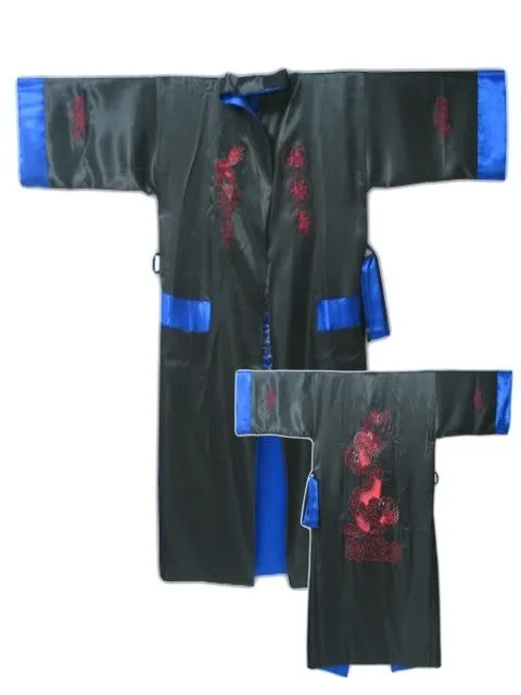 Красная, черная китайская мужская двусторонняя шелковая атласная одежда с вышивкой кимоно банное платье Дракон Один размер R-005