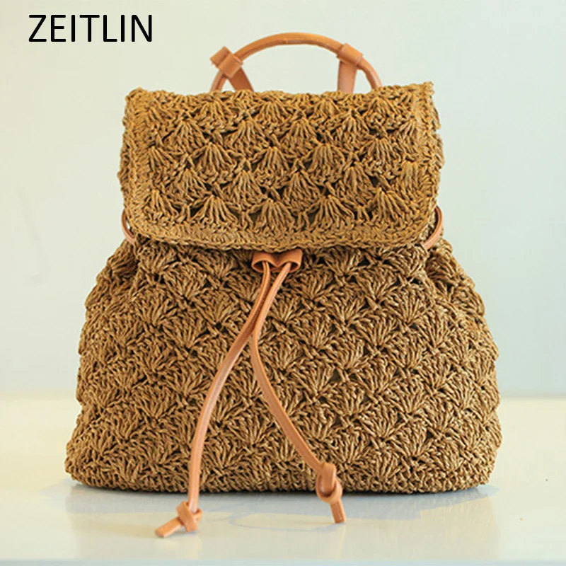 Retro Women Hollow Out Straw Weave Backpack Girl Croch Knitted
