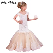 

Elegant Champagne Mermaid girls dresses for party and wedding Short sleeves Flower Girl Dresses Lace Appliques communion dresses