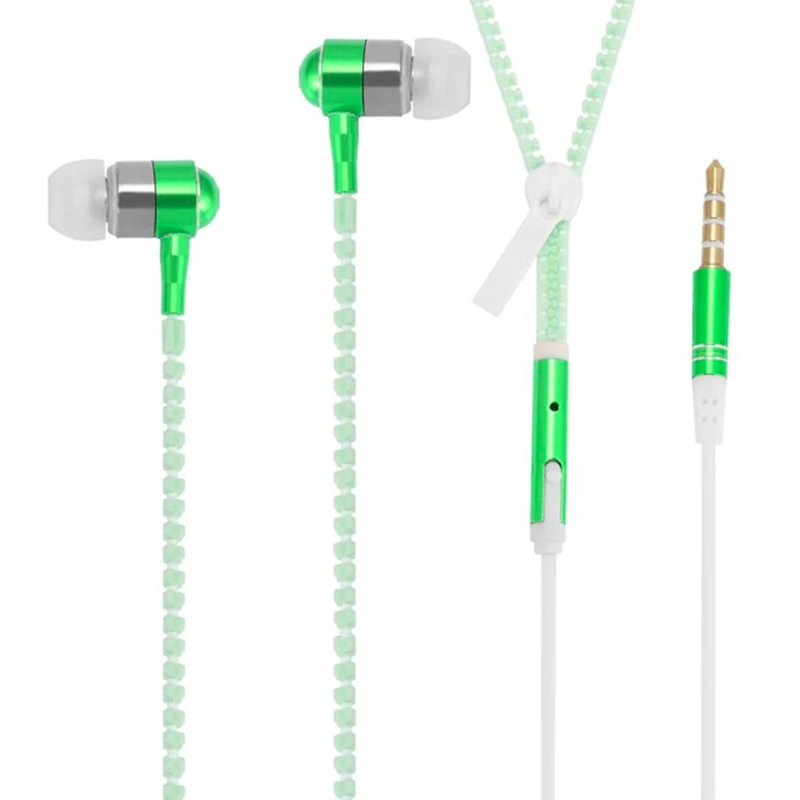 Green Earphone Luminous Light Metal Zipper Headphone Earbuds Glow In