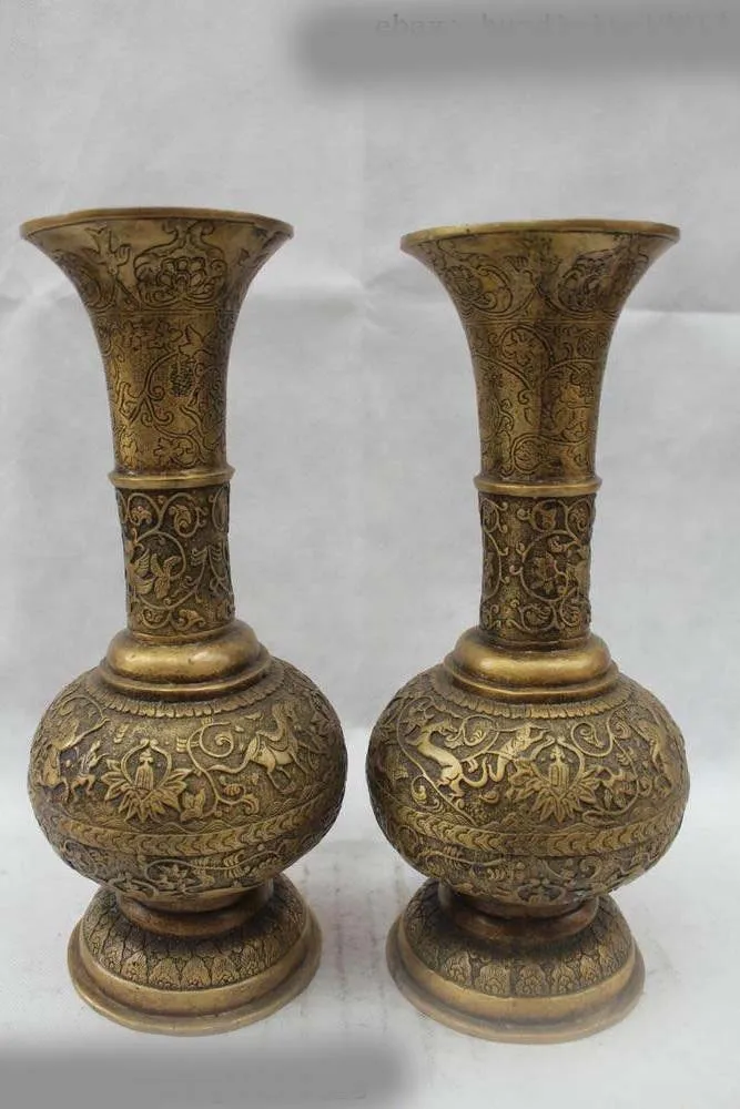 

14"China Folk Pure Bronze Lucky excellent Horse flower Vase Pair Statue