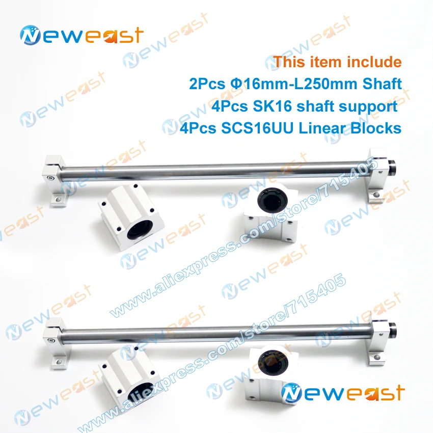 

2Pcs Dia.16mm Diameter 16mm - L250mm Linear Shaft Hardened Rod + 4Pcs SK16 shaft rail support + 4Pcs SCS16UU Linear Blocks Unit