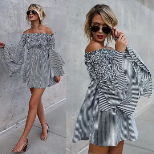 

Fashion Womens Cotton Striped Bodycon Stretch Off Shoulder Mini Vestidos Dress Elegant Skater Flare Sleeve Loose Short Dresses
