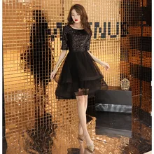 Платья для выпускного вечера длиной до середины икры, блестящие, серебристые, с блестками, Короткие вечерние платья, новинка, элегантное, с круглым вырезом, на молнии, с высоким низом, официальное бальное платье, E100