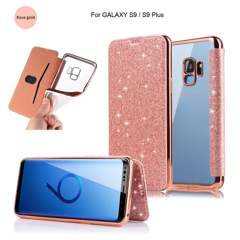 

Flip Plating Glitter Leather Phone Case For Samsung Galaxy S9 Plus Soft Silicon Card Holder Clear Back Cover For Samsung S9 Capa