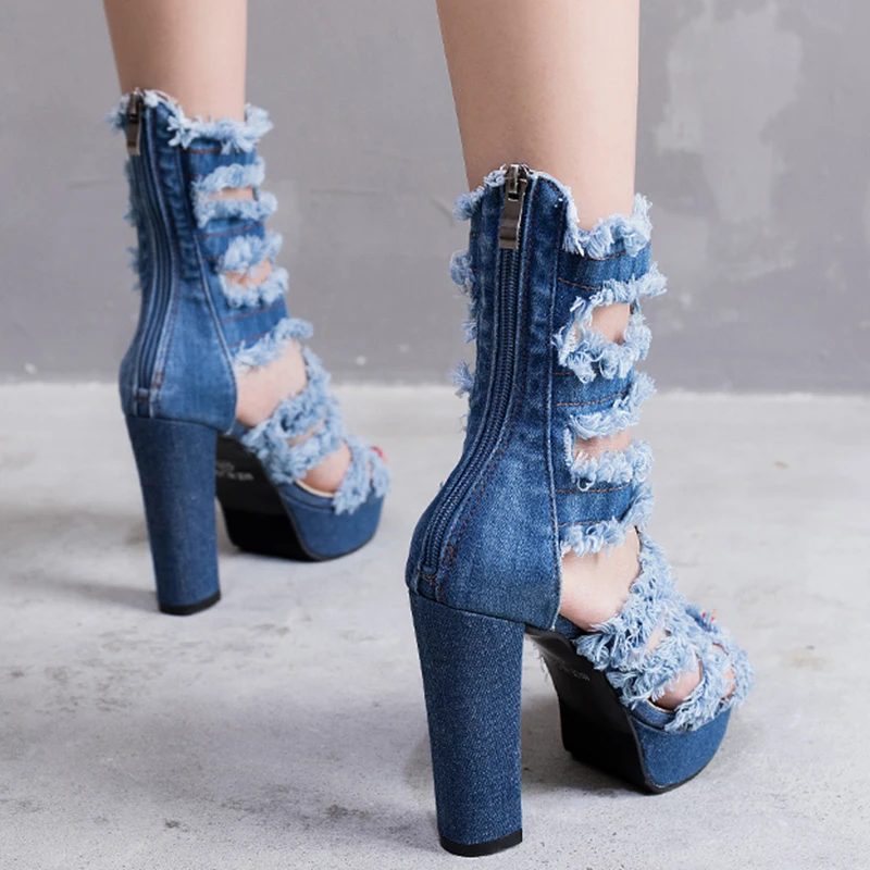 Najtaniej Letnie buty damskie Denim Peep Toe super wysokie szpilki solidna platforma do połowy łydki gumowy zamek buty ślubne damskie zapatos mujer N60W
