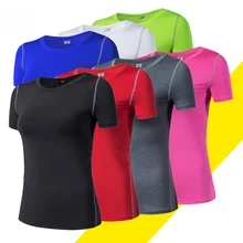 Женская быстросохнущая рубашка Стрейч Йога футболка колготки тренажерный зал бег топы короткий рукав Футболка Топы Рубашки