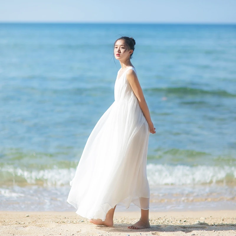 

MM004 2017 Flowing chiffon loose long maxi sleeveless beach dress summer women sundress