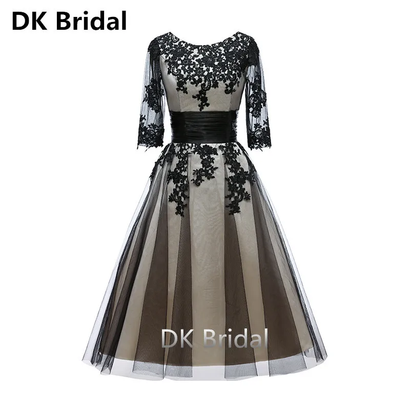 2019 Custom Made 3/4 Lange Mouwen Black Lace Moeder van de Bruid Jurk Enkellange Scoop Champagne Voering Bruiloft gast Jurk 2019 Custom Made 3/4 Lange Mouwen Black Lace Moeder van de Bruid Jurk Enkellange Scoop Champagne Voering Bruiloft gast Jurk