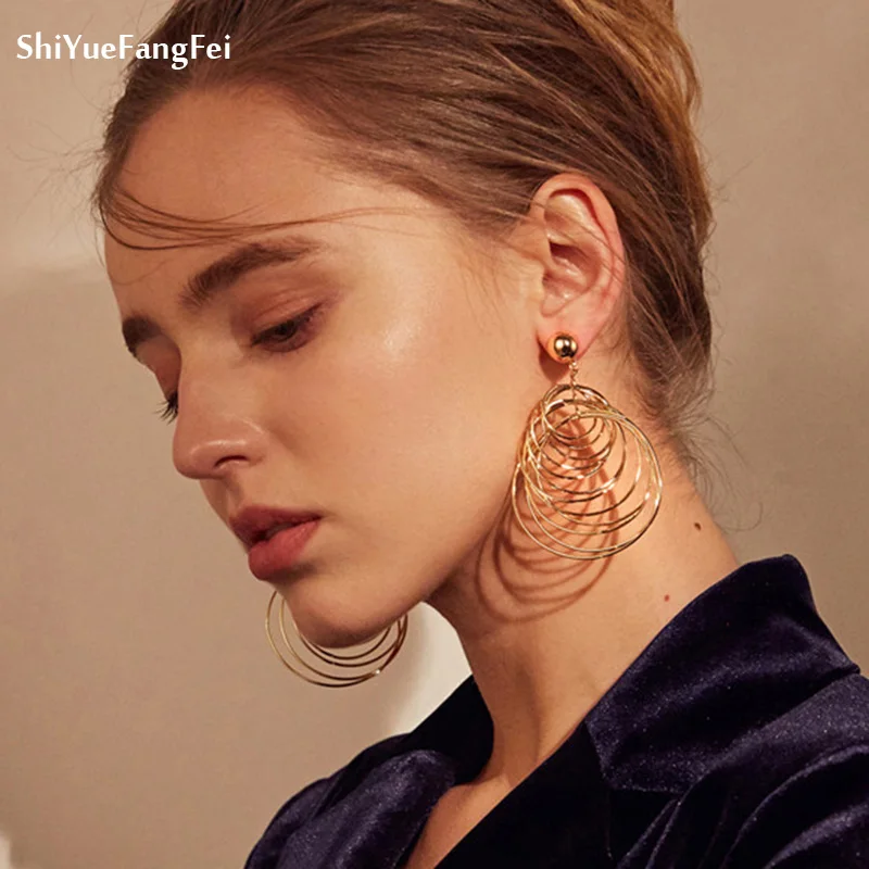 

New Korean Simple Steampunk Round DROP Earring for Women Gold Silver Color Big Circle Earrings Party Accessories Ethnic Jewelry