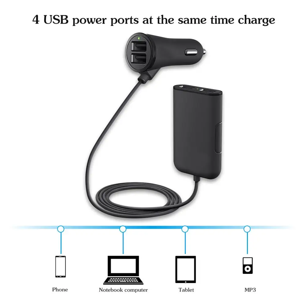 Универсальный 36 Вт 4 зарядных порта USB для автомобиля Зарядное устройство с 5.9ft удлинитель кабеля Автомобильный держатель для телефона Быстрая зарядка AdapterFor Iphone X SamsungS7 S8 S9