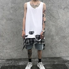 Мужские летние рваные панк хип хоп Длинный топ на бретелях для уличного танца широкий жилет мужские винтажные рубашки без рукавов