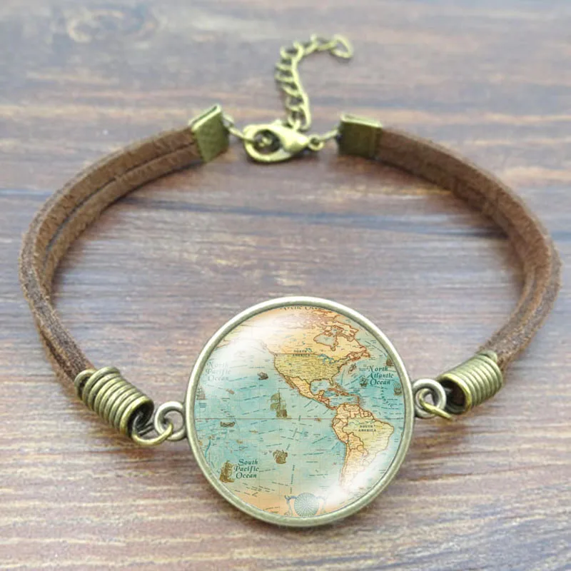 

Vintage Globe Charm Bracelet Planet Earth World Map Art Glass Dome Fashion Jewelry Brown Rope Charm Bracelet Women Gift Pulseras