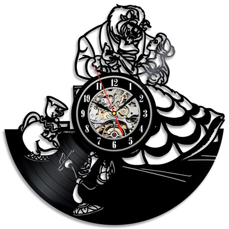 

Vintage Vinyl Wall Clock Modern Design Cartoon 3D Stickers Beauty and The Beast Hanging Clocks Wall Watch Home Decor Silent 12"