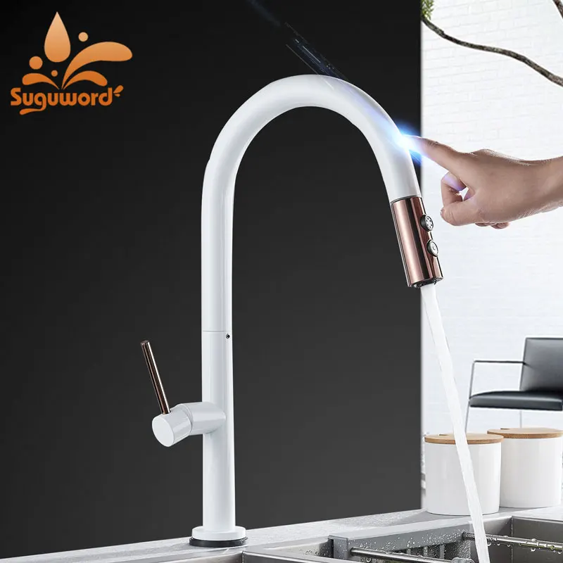 

rose gold with white or black kitchen pull out sink Sensor Faucet two modes spout 360 degree rotation Deck Mount