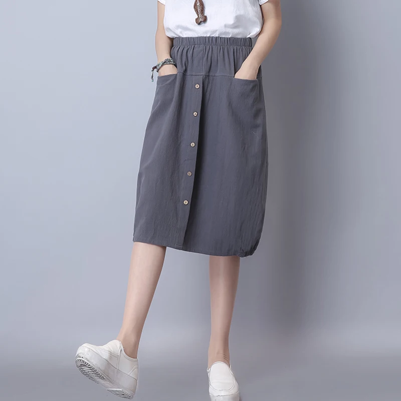 Fashion Women Summer Button Pockets Loose Long Skirts Vintage Cotton Linen Skirts Casual Elastic