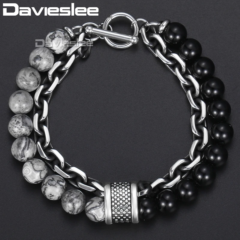 Davieslee Bracelet for Men Glass Map Stone Beads Chain Cut Cable Link Stainless Steel Black Gunmetal Tone Mens Bracelets DDB33