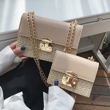 Маленькая квадратная сумка с Откидывающейся Крышкой, летняя модная Новая высококачественная Соломенная женская дизайнерская сумка с замком и цепочкой, сумки через плечо