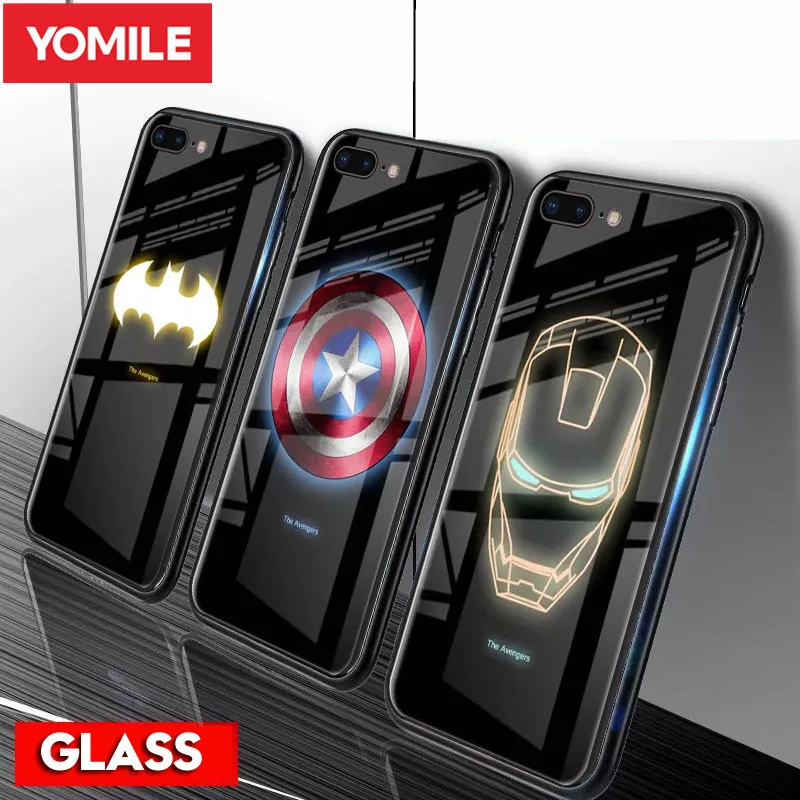 

YOMILE Luminous Case For iPhone X XR XS MAX 6 6S 7 8 Plus Tempered Glass Marvel Avengers Cover Superman Spiderman Tiger Capa