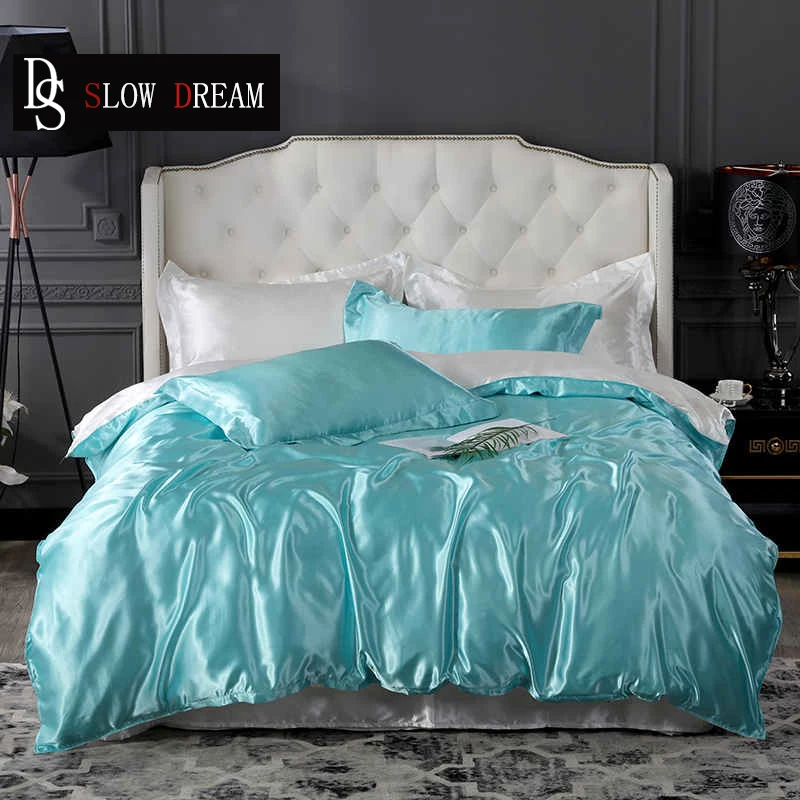 

SLOWDREAM Blue Bedding Set Bedspread Double Duvet Cover Set Flat Sheet Bed Linens Decor Home Euro Pure Silk Luxury Bedclothes