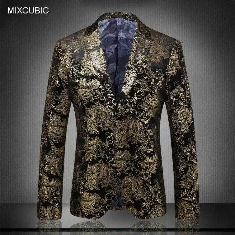 

MIXCUBIC 2017 Autumn England style gold Bronzing velvet suit men casual Slim flower printed Slits suit for men large size 48-60