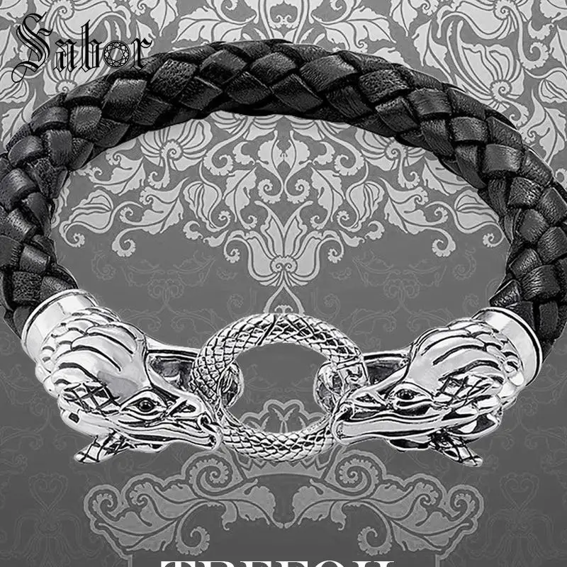 

thomas Bracelet Woven Leather Wrap Dragon with Spring Crap New Silver Fashion Jewelry Punk Gift Men Boy Women Girls accessories