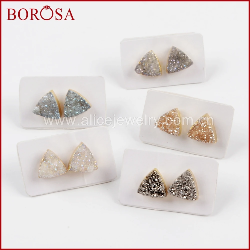 

BOROSA 5Pairs New Arrival Gold Color 10mm Triangle Shape Rainbow Druzy Stud Earrings Gems Drusy Earring Jewelry for Women G1530