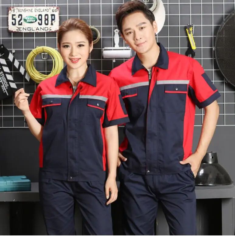 Reflective Uniform Men's Work Clothing Women Short Sleeve Coveralls Quick Dry Overalls for Worker Repairman Machine Auto Repair - Цвет: pic color
