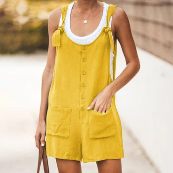 

Summer Women Playsuits Cotton Solid Color Casual Playsuits Pockets U-Neck loose Bodycon Fashion Simple Button Playsuits
