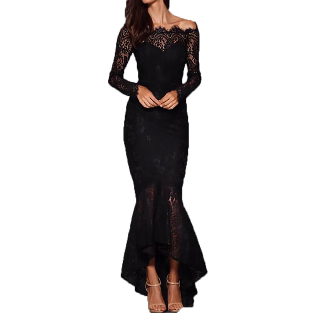 

2017 Fashion women design evening party dress black and white Off shoulder long sleeve mermaid floor length eyelash lace robe