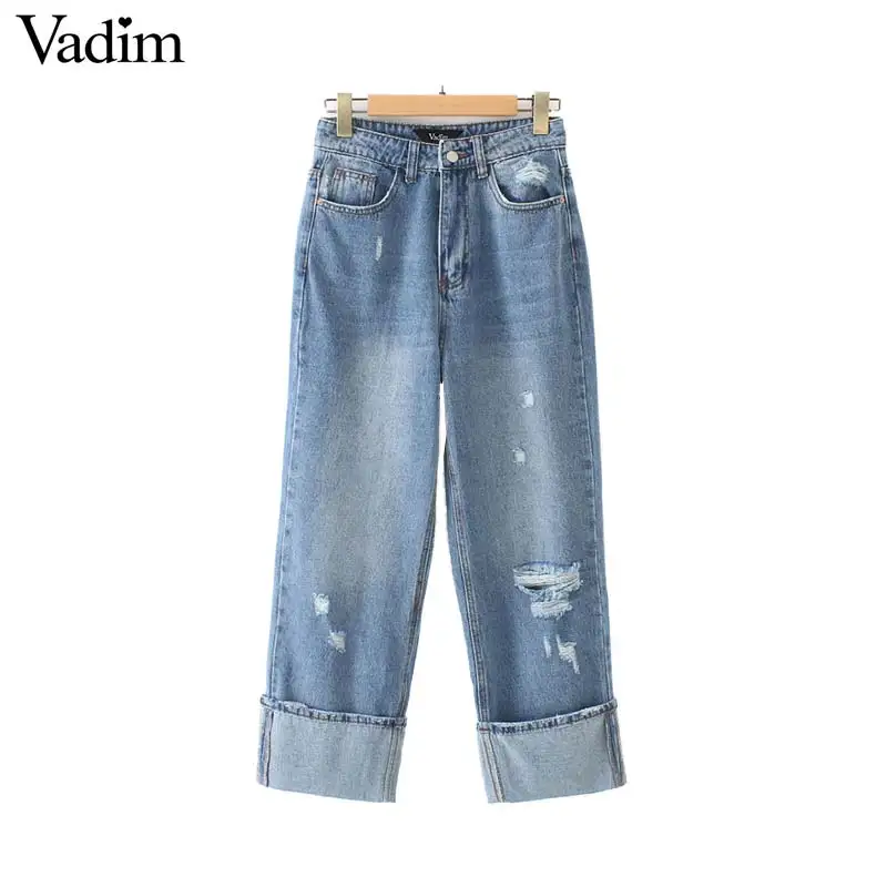 

Vadim women casual holes design straight denim jeans pockets zipper fly ankle length pants chic long trousers pantalones KA886
