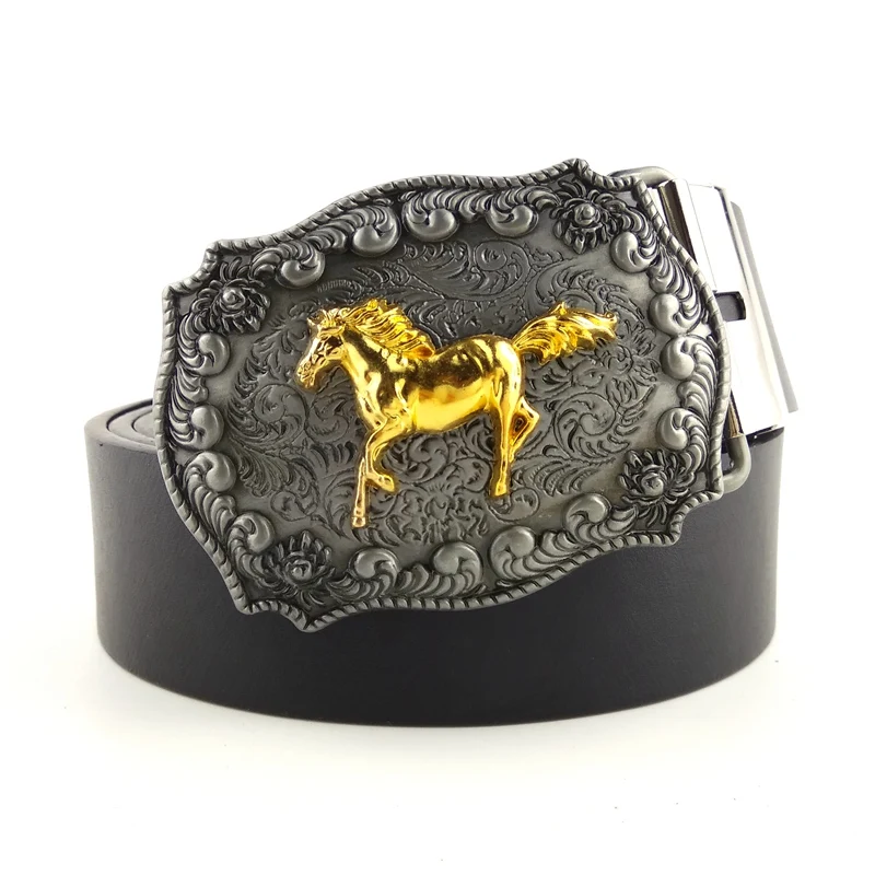 Western Cowboy belt Designer belts men high quality Black faux leather belts for man Golden