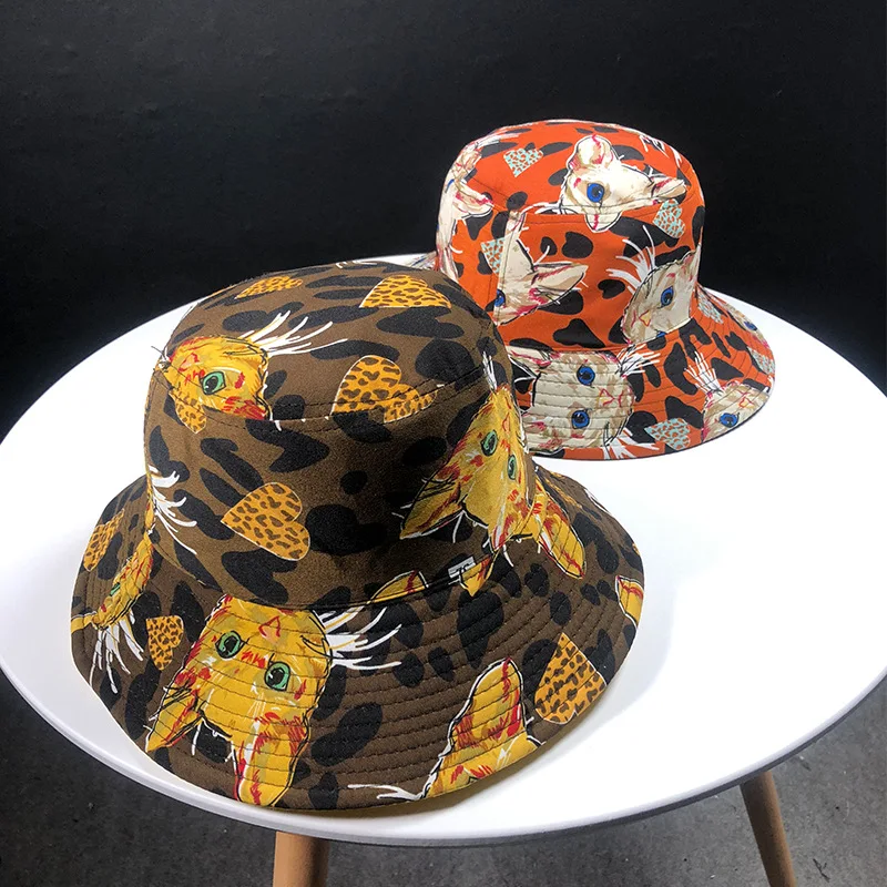 

2019 Hat men and women autumn and winter new cat doodle fisherman hat outdoor double-sided big along pot cap folding Bucket hat