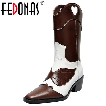 

FEDONAS Brand Autumn Winter New Fashion Punk Western Boots Genuine Leather Square Toe Mid-Calf Motorcycle Boots Shoes Woman Boot
