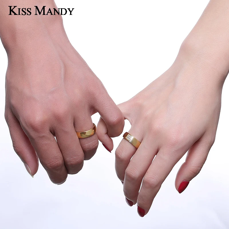 KISS MANDY Gold Stainless Steel Couple Promise Rings With 9 Pcs Zircons For Lovers Engagement Wedding Band Women Jewelry KR418
