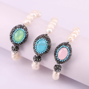 

5Pcs Handcraft Pearl Beaded Bracelet Natural Pearl With Crystal Zircon Paved Faceted Stone Bracelets