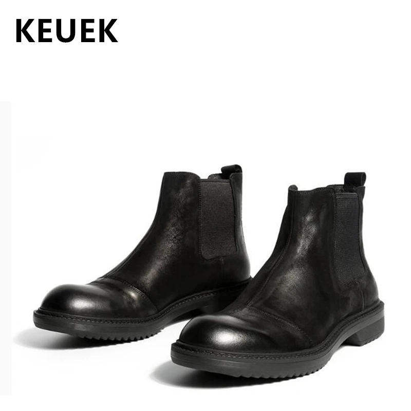 

Genuine leather Ankle boots Luxury vintage Men Chelsea boots Tooling shoes British style Slip-On Motorcycle boots 02A