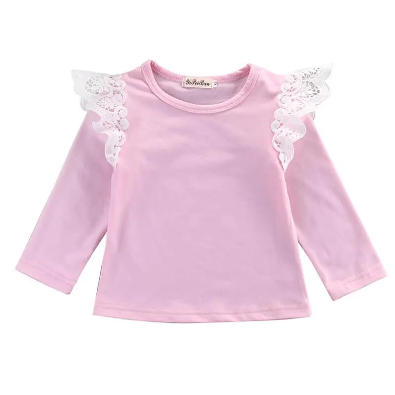 

Pudcoco Bebe T-shirt For Girls Long Sleeve Lace Tees Pink White Gray Striped Soft Cotton