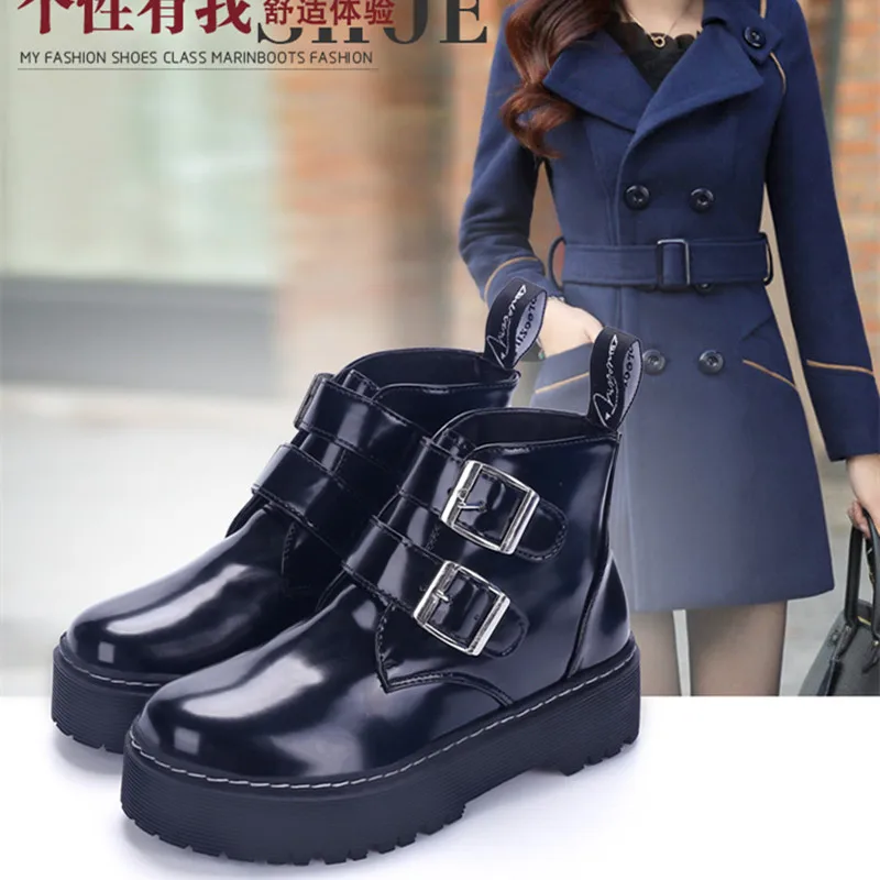 2017 Autumn Winter Motorcycle Boots Medium Heel Square Heel Martin Boots Women Leather Round Toe Platform