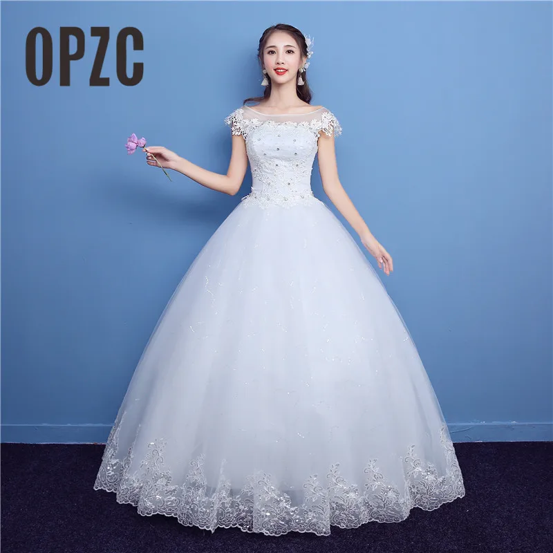 

Korean Lace Up Ball Gown Sweet Neck Wedding Dresses 2018 New Fashion Cap Sleeve Customized Plus Size Bridal Dress Real Photo