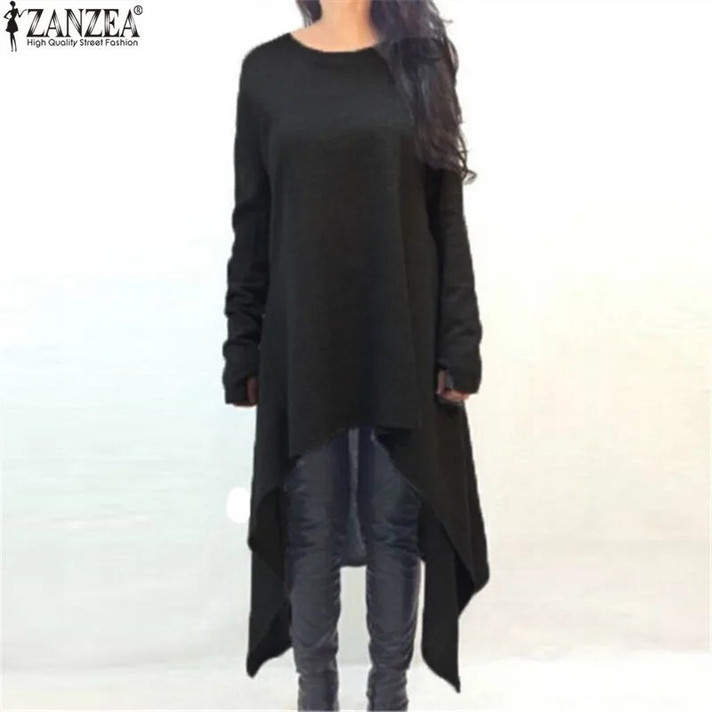 ZANZEA زائد حجم المرأة سترة اللباس 2019 الخريف طويلة الأكمام غير المتماثلة الصلبة عارضة فضفاض محبوك ميدي Vestidos الإناث فساتين