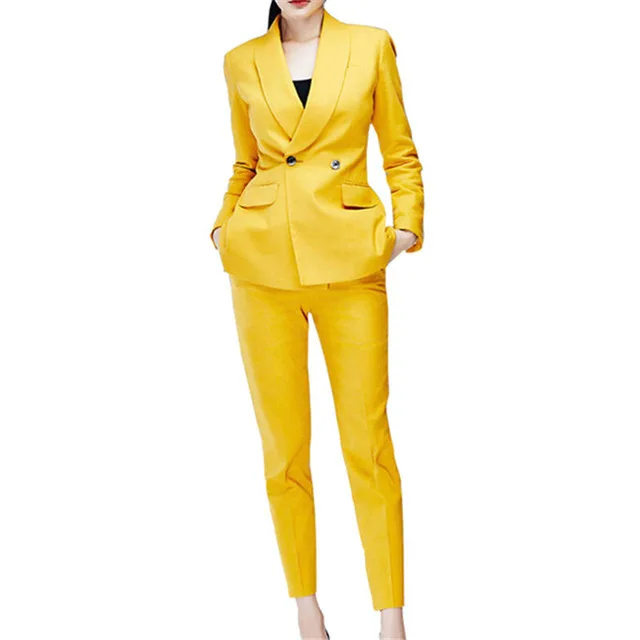 

2019 Fashion Yellow Double Breasted Women's Slim Fit 2 Pieces Suits Female Office Uniform Style Tuxedo Suits Dos Piezas Mujer